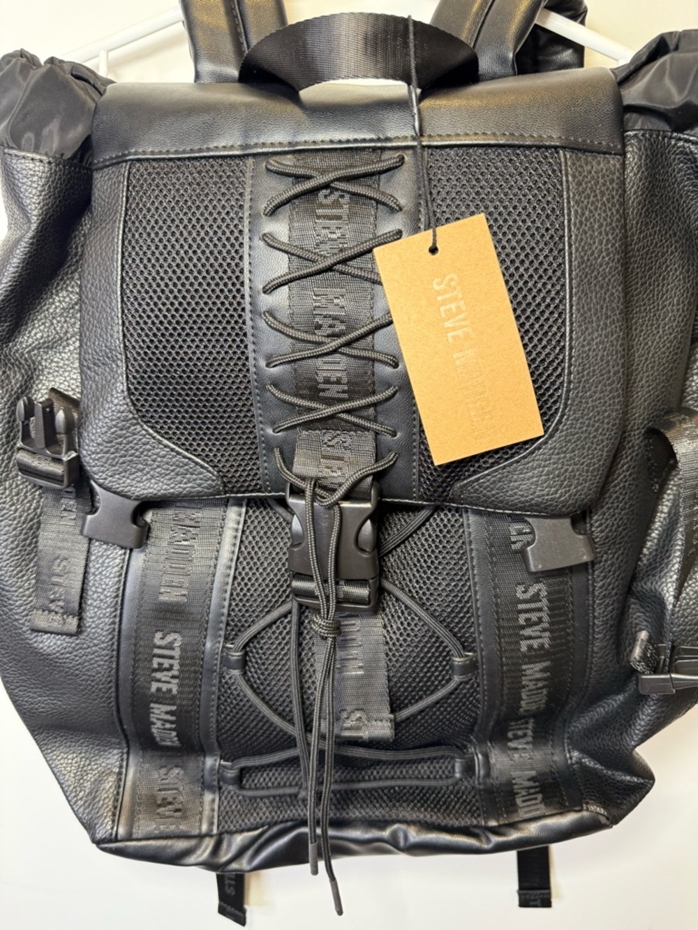Steve Madden Black Backpack with Lace-Front & Buckle Detail